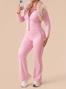SHEIN Rhythm Era Set Olahraga Wanita Ukuran Besar Warna Pink, Potongan Ketat, Lengan Panjang Raglan, Garis Kontras, Belahan, Kerah Tegak, Jaket Resleting Penuh, Celana Flare, Gym Musim Gugur - Berwarna merah muda - View 5