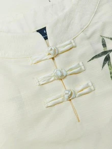 Bytebia Bytebia Fashionable Versatile Women's Bamboo Leaf Print Frog Button Blouse - Apricot - View 6