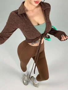 DAZY Women's Solid Color Long Sleeve Front Knot Sports T-Shirt Fall Gym Light Green Sporty Sexy Modest Sporty Athleisure Workout Gym - Brown - View 7