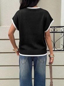 Siren Gaze 女款拼色圓領短袖休閒學院風極簡針織上衣 辦公室黑白配色 - 黑與白 - 查看 2