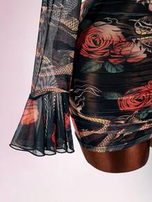 Amplova Women's Long Sleeve Mesh Mini Dress With Tattoo Pattern, Snake Skin & Rose Patchwork, Vintage Sexy Style - Black - View 7