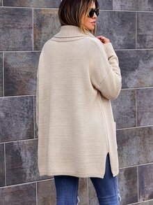 Wandoria Women's Autumn New Single Piece Lapel Hem Split Design Pocket Versatile Loose Regular Fit Solid Color Daily Commute Elegant High-End Knit Cardigan Top - Apricot - View 2