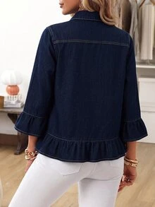 EMERY ROSE Áo khoác denim thời trang đường phố size lớn, cài cúc, gấu bèo nhún - Màu xanh lam - Xem 2