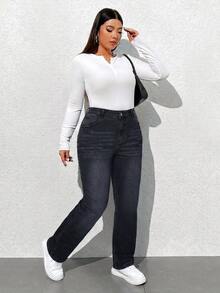 SHEIN ICON 大尺碼女款口袋修身休閒百搭牛仔褲 - 黑色 - 查看 4