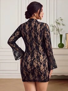 EastFlair Gaun Seksi Ukuran Besar Elegan dengan Kancing Katak Berenda dan Potongan untuk Musim Gugur - Hitam - View 6