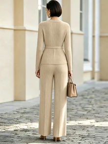 SHEIN Women's French-Style Knit Set, Asymmetric Design & Waist Tie, Solid Oatmeal/Khaki, Soft Relaxed Elegant Look For Lounging, Outings & Office - Khaki - View 2