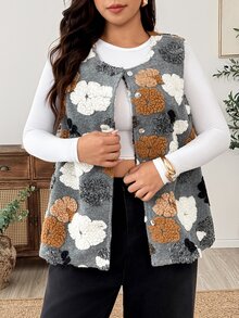 Weeklong Plus Size Sleeveless Round Neck Button-Up 3D Floral Slimming Fashion Casual Elegant Commuter Outing Jacket For Women - Multicolor - View 6