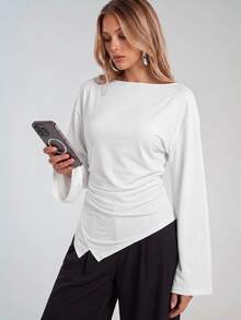 Avantive Women's Autumn Casual Solid Color Asymmetrical Hem Top - White - View 1