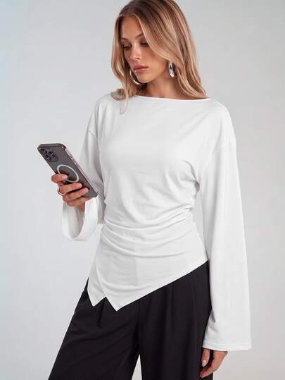 Avantive Top casual de damă pentru toamnă, culoare uni, cu tiv asimetric