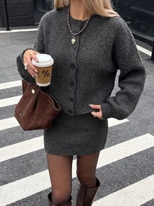 Lavishia Women's Elegant Round Neck Lantern Sleeve Cardigan And Skirt Sweater 2 Pieces Set - Dark Grey - View 3