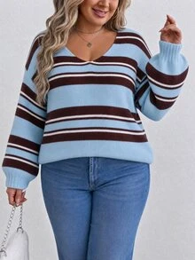 EMERY ROSE Lazy V-Neck Colorblock Striped Casual Versatile Knit Sweater Top - Multicolor - View 3