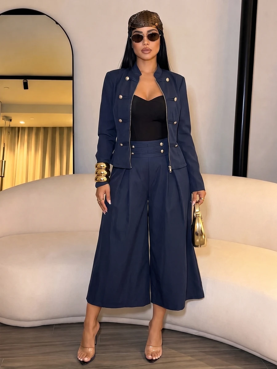 SOLERSUN Women's Vintage Military Two Pieces Suit, Napoleon Inspired Cropped Jacket And High Waist Wide Leg Pants Set With Gold Button Accents - Blue - View 1