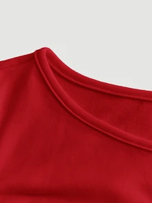 SHEIN Girlism 少女修身休閒圓領套頭上衣 喇叭袖百褶設計長袖T恤 - 紅色 - 查看 5