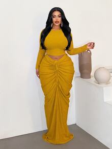 Maweii Plus Size Sexy Fitted Ruched Skirt 2 Pieces Set For Vacation Beach - Yellow - View 3