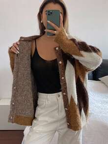 DAZY Women's Brown Loose Business Casual Office Wear Minimalist Contrast Color Patchwork Rhombus Geometric Pattern Thickened Plush Knit Cardigan Sweater, Autumn Winter Plaid - Yellow - View 5