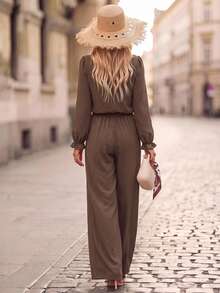 Brillora Ruffle Trim Surplice Neck Lantern Sleeve Textured Blouse & Wide Leg Pants Set,Two Pieces Set,Daily Commute,Office,Fall Clothes,Office Wear,Christmas - Brown - View 2