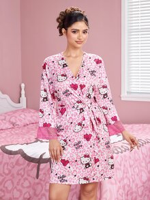 HELLO KITTY AND FRIENDS | SHEIN رداء نسائي بطبعة كرتونية على شكل قلب - وردي فاتح - مشاهدة 3