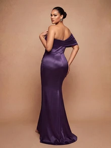 Vowa Plus Size Elegant Romantic Luxury Brown One-Shoulder Cloud Print Ruched Waist Fitted Bodycon Mermaid Hem With Train Evening Gown For Wedding Party Celebration Formal Event Heavy Embellished - Brown - View 3