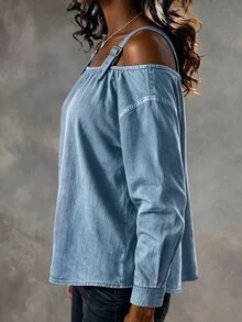 SHEIN LUNE Atasan Lengan Panjang Wanita Ukuran Plus dengan Motif Cetak dan Desain Bahu Terbuka, Atasan Kasual Longgar dengan Desain Bahu Terbuka. - Biru - View 3