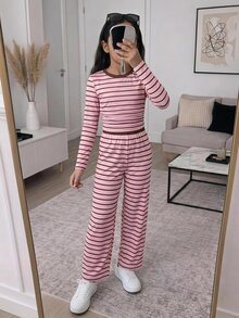 Tween Girls Versatile Pink Striped Colorblock Long Sleeve Top And Light Gray Pants 2 Pieces Set - Pink - View 1