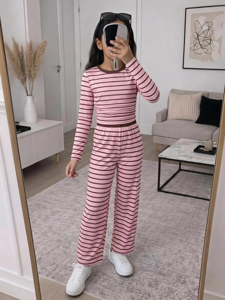 Tween Girls Versatile Pink Striped Colorblock Long Sleeve Top And Light Gray Pants 2 Pieces Set - Pink - View 1