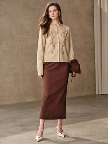 Anewsta Women's Elegant Winter Beaded Embroidery Decorated Knit Cardigan - Camel - View 4