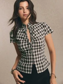 Poéselle 女款格紋領結領短袖時尚襯衫 - 黑色 - 查看 5