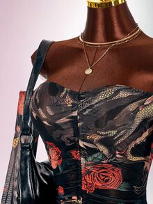 Amplova Women's Long Sleeve Mesh Mini Dress With Tattoo Pattern, Snake Skin & Rose Patchwork, Vintage Sexy Style - Black - View 9