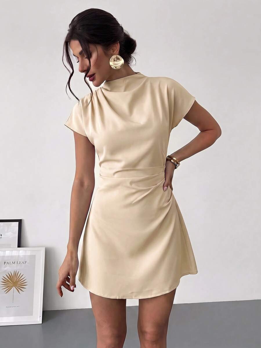 Aloruh Đầm mini dáng chữ A nhún bèo phong cách công sở - Màu be - Xem 1