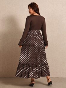 Elaquor Plus Size Women's Round Neck Puff Long Sleeve Polka Dot Hem Elegant Dress Fall/Winter Polka Dot Brown Dress For Women Elegant Going Out Brunch Dress - Brown - View 2