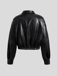 SHEIN 青少年女孩秋/冬新款美式復古黑色磨損PU皮革短夾克，適合秋冬季節 - 黑色 - 查看 2