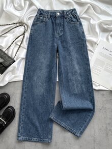 SHEIN 女童秋冬深藍色牛仔刷毛內裡寬鬆長褲 - 中等水洗藍 - 查看 3