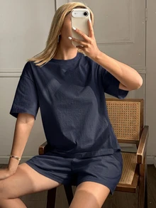 DAZY 夏季極簡風 100% 純棉休閒短袖上衣與短褲 2 件組女款居家服 - 藏蓝色 - 查看 6