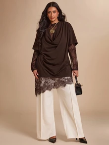 SHEIN BAE CURVE 大尺碼女款卡其色刺繡A字拼接長裙，優雅超長洋裝 - 咖啡棕 - 查看 7