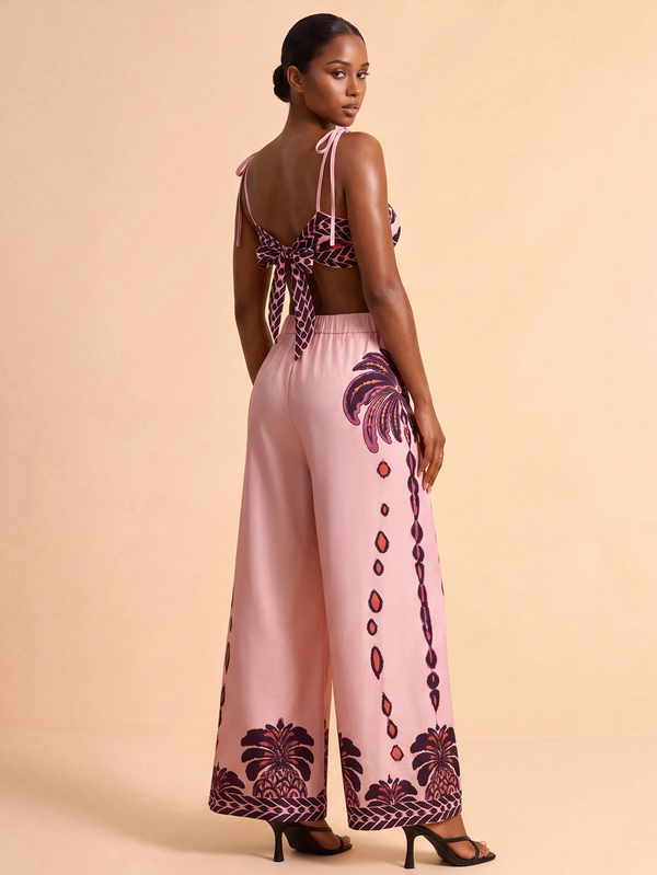CAJUNI Tropische vakantie mauve palmboom en ananas top en broek set