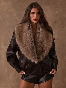 SHEIN BAE Women's Loose Short Faux Leather Motorcycle Jacket With Fur Collar, Faux Fur Lining, Thickened - Black - View 1