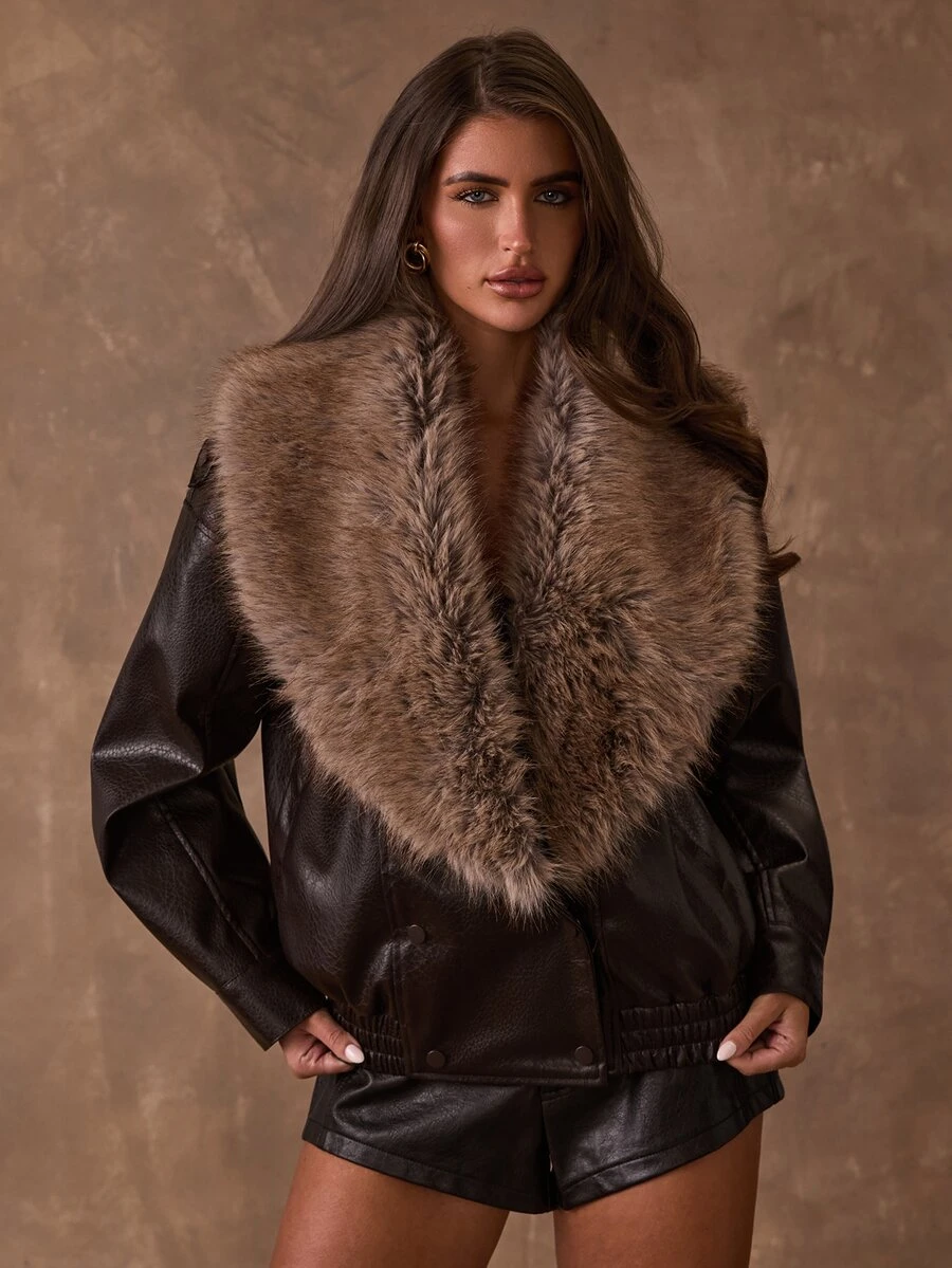 SHEIN BAE Women's Loose Short Faux Leather Motorcycle Jacket With Fur Collar, Faux Fur Lining, Thickened - Black - View 1