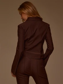 MUSERA Collared Button Down Seam Detail Cinched Waist Curved Hem Coord Shirt Fall Autumn Winter Cute Office Daily Butter Tailoring - Brown - View 4