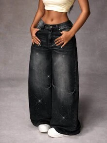 Jeanoix Plus Size Women's Pocket Rhinestone Wide Leg Loose Casual Denim Jeans - Black - View 5