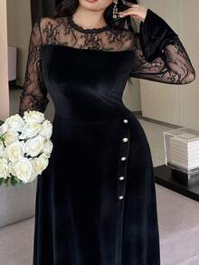 Dazy Plus Contrast Lace Elegant Party Dress Velvet Black Long Spring Autumn Dress - Black - View 1