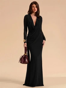 SHEIN BAE Women's Elegant Party Solid Color Wrap Mermaid Dress - Black - View 4