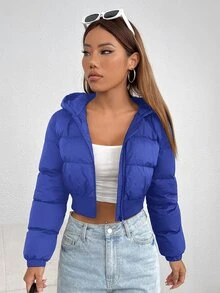 SHEIN PETITE 女款舒適冬季長袖短版連帽外套 - 藍色 - 查看 3