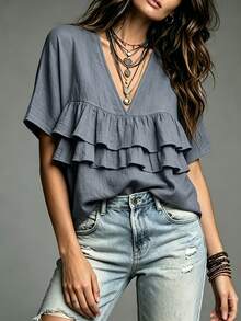 SHEIN Fiorisel Women's Casual Vacation Style Ruffle Hem Blouse - Dusty Blue - View 3