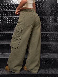 SHEIN 青少年女孩橄欖綠牛仔寬鬆寬腿工裝褲 - 軍綠色 - 查看 4