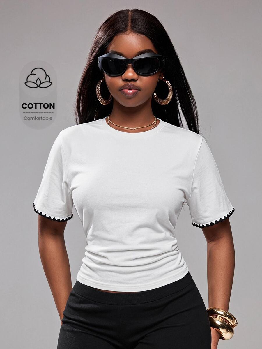 Vadaroq Women's Fall/Winter Cotton Basic Streetwear Basic Colorblock Casual Versatile Daily Short Sleeve White T-Shirt - White - View 1
