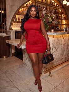 Slaydiva Plus Size Red Sequin Ruched Backless Mini Dress, Halloween Costume Sexy Party Cocktail Birthday Going Out - Red - View 8