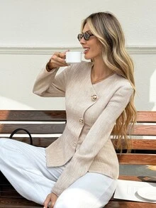 Serisse Women's Elegant French Commuter Office Jacket For Autumn Beige - Apricot - View 3