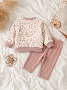 2 Pieces Cute Baby Leopard Print Set: Long-Sleeve Shirt + Solid-Colored Pants, - Multicolor - View 2