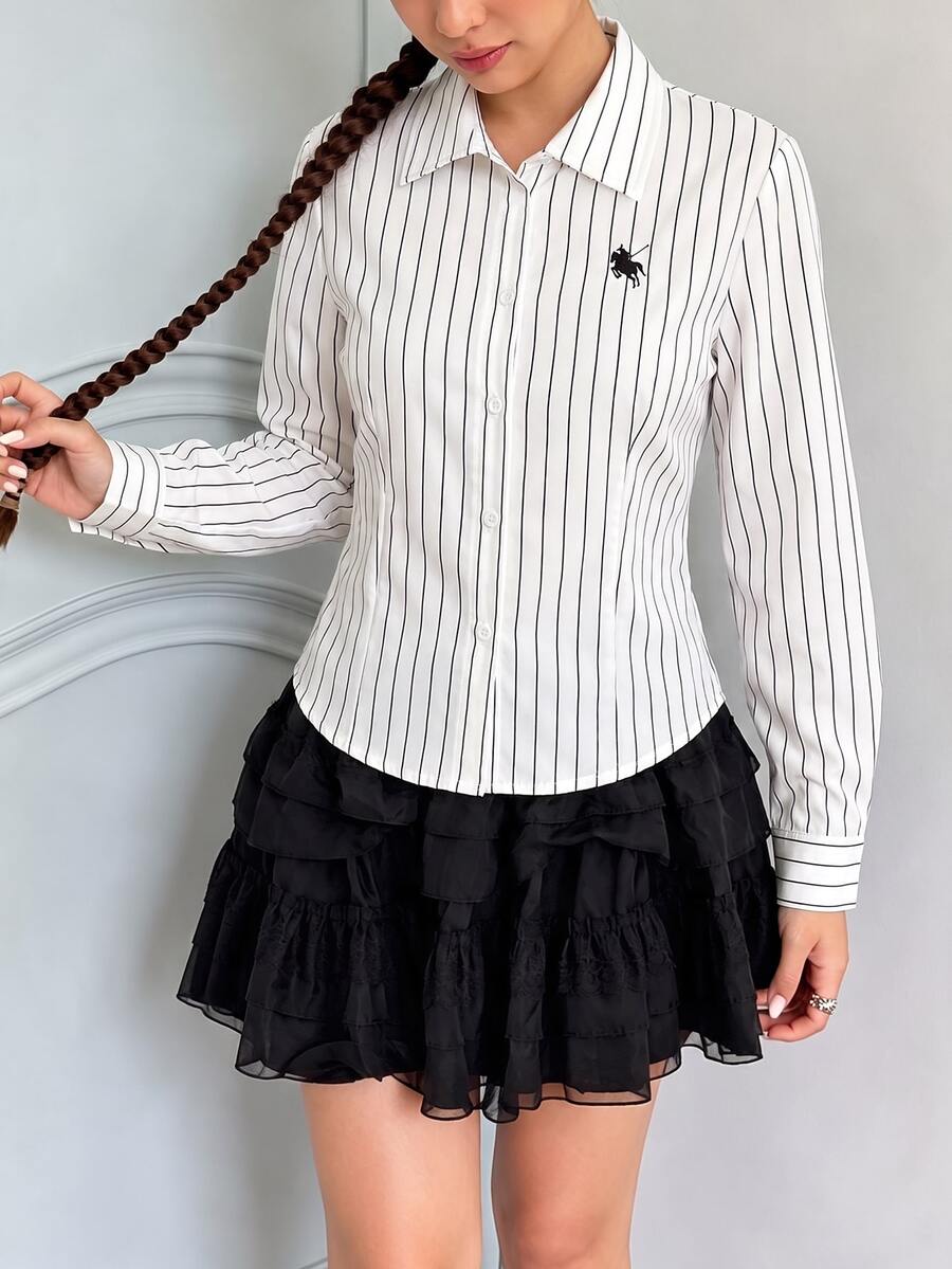 SHEIN 青少年女孩休閒圖案印花長袖上衣,弧形下擺,返校季 - 白色 - 查看 1