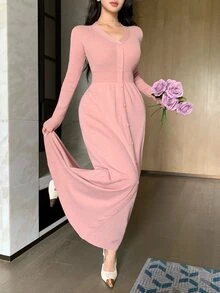 DAZY Women's Sweet Button Waist Long Sleeve Sweater Dress For Dating Fall - Pink - View 5